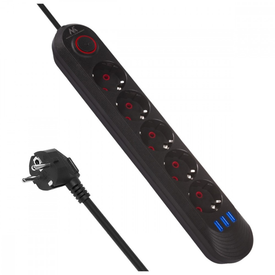 Maclean pikendusjuhe Power strip MCE395 B 5 sockets 3xUSB, 110-240V AC 50/60Hz, 2.1A max 2500W, must
