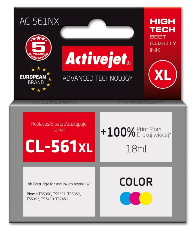 Activejet AC-561NX Printer Ink for Brother, Replacement Canon CL-561XL; Supreme; 18 ml; Color
