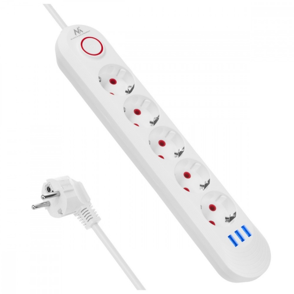 Maclean pikendusjuhe Power strip 5 sockets MCE395 W 3xUSB, 110-240v AC 50/60Hz, 2,1A max 2500W, valge