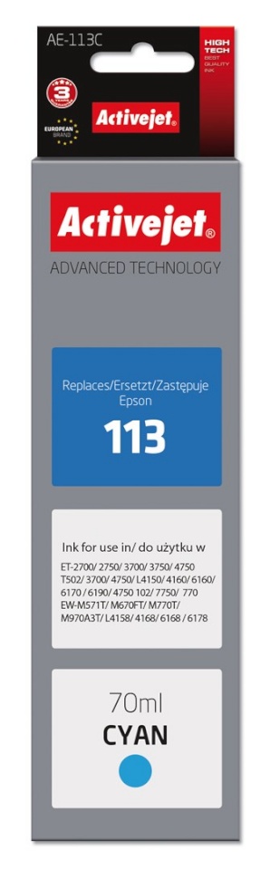 Activejet tindikassett AE-113C Ink ( for Epson 113 C13T06B240, Supreme, 70 ml, tsüaan)
