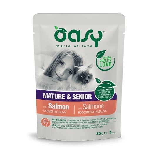 Oasy kassitoit Chunks in Gravy Mature & Senior with Salmon, 85g