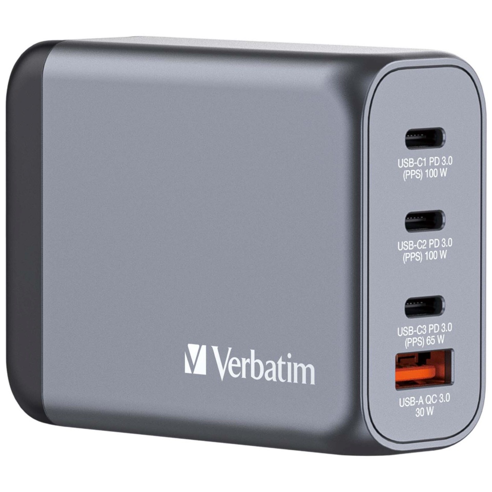 Verbatim laadija GNC-100 GaN Charg. 100W 3xUSB-C PD, 1xUSB-A QC 3.0 32202