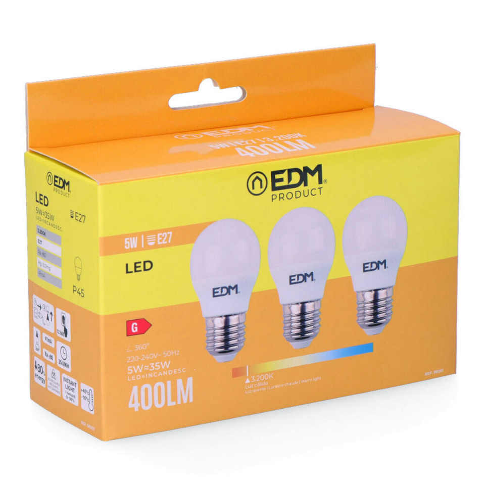EDM Pack of 3 LED bulbs G 5 W E27 Ø 4,5x8cm (3200 K)