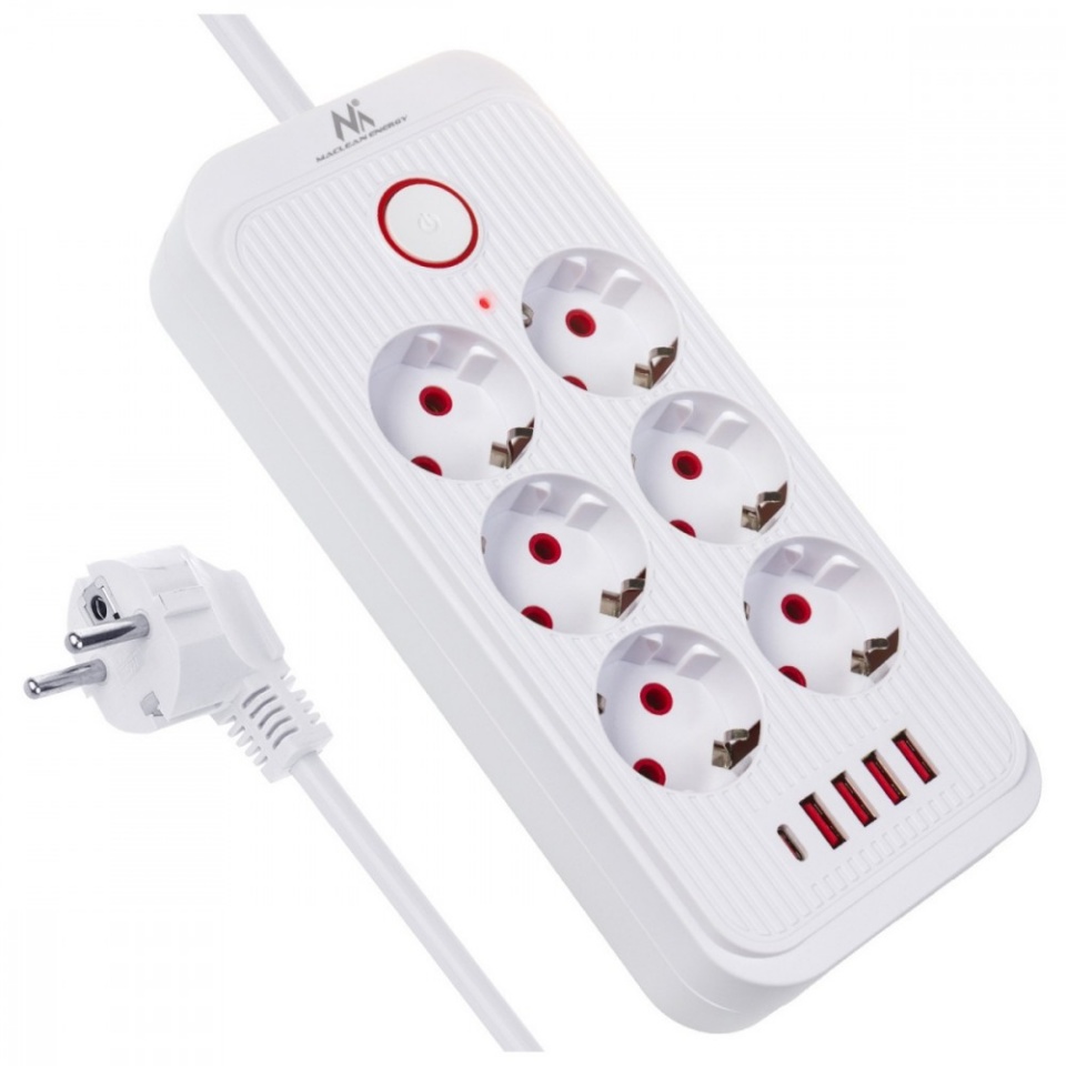 Maclean pikendusjuhe Power strip MCE391 W 6 sockets 4xUSB 110-240V AC 50/60Hz, 2.1A max 2500W, valge