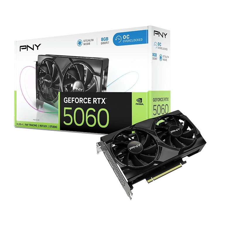 PNY videokaart GeForce RTX 5060 Dual Fan OC (DLSS 4, 3x DisplayPort, 1x HDMI 2.1)