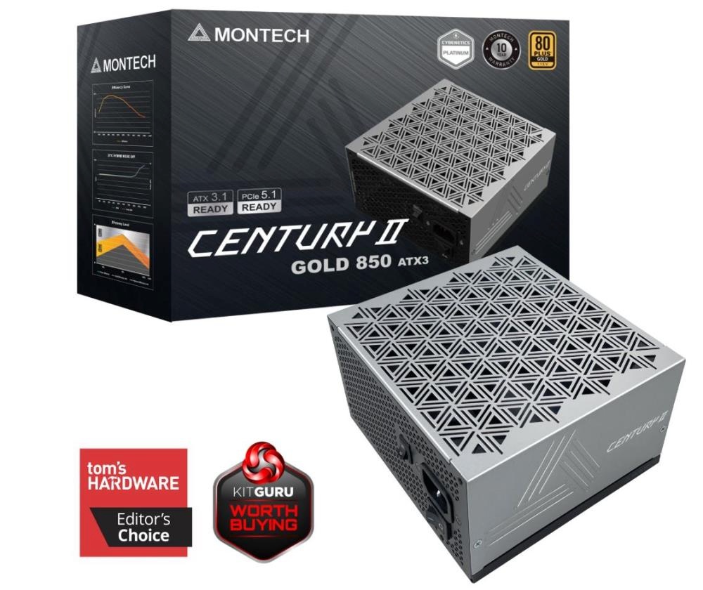 850W Montech CENTURY II 850 (silber, 1x 12-Pin High Power GPU, 4x PCIe, Kabelmanagement, 850 Watt)