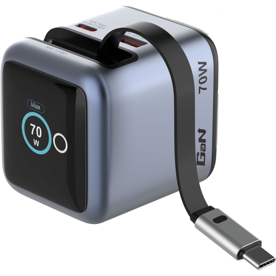 Verbatim laadija Mini GaN Charger 70W einziehbares Kabel+Display 32059