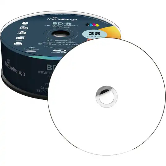 MediaRange Blu-ray BD-R 25GB 6x, täispinnale prinditav, 25tk pakis