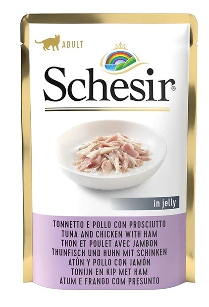 Agras Pet Foods kassitoit Schesir in Jelly Tuna and Chicken with Ham, 85g