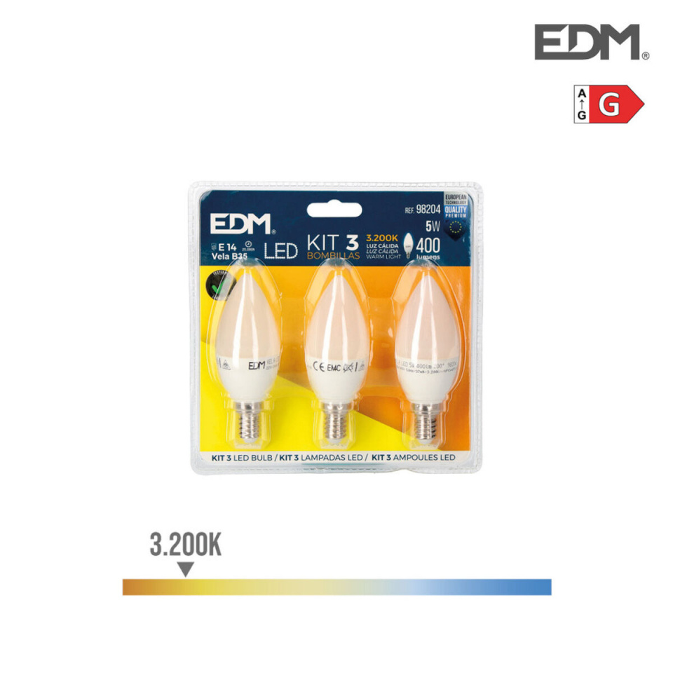 EDM Pack of 3 LED bulbs G 5 W E14 400 lm Ø 3,6x10cm (3200 K)