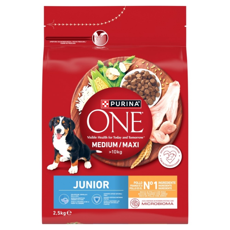 Purina Nestle kuivtoit koerale One Junior Medium/Maxi Rich in Chicken with Rice, 2,5kg