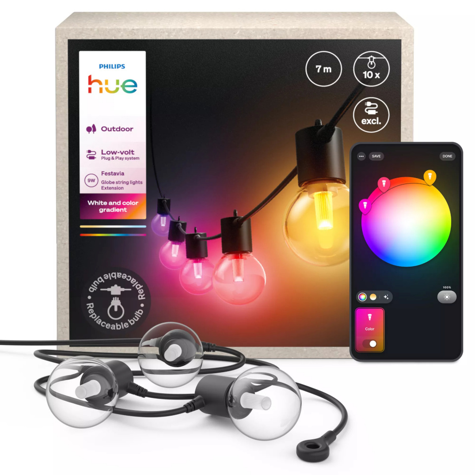 Philips Hue Festavia Globe Outdoor String Lights, 7m Extension 30W Bluetooth, Zigbee