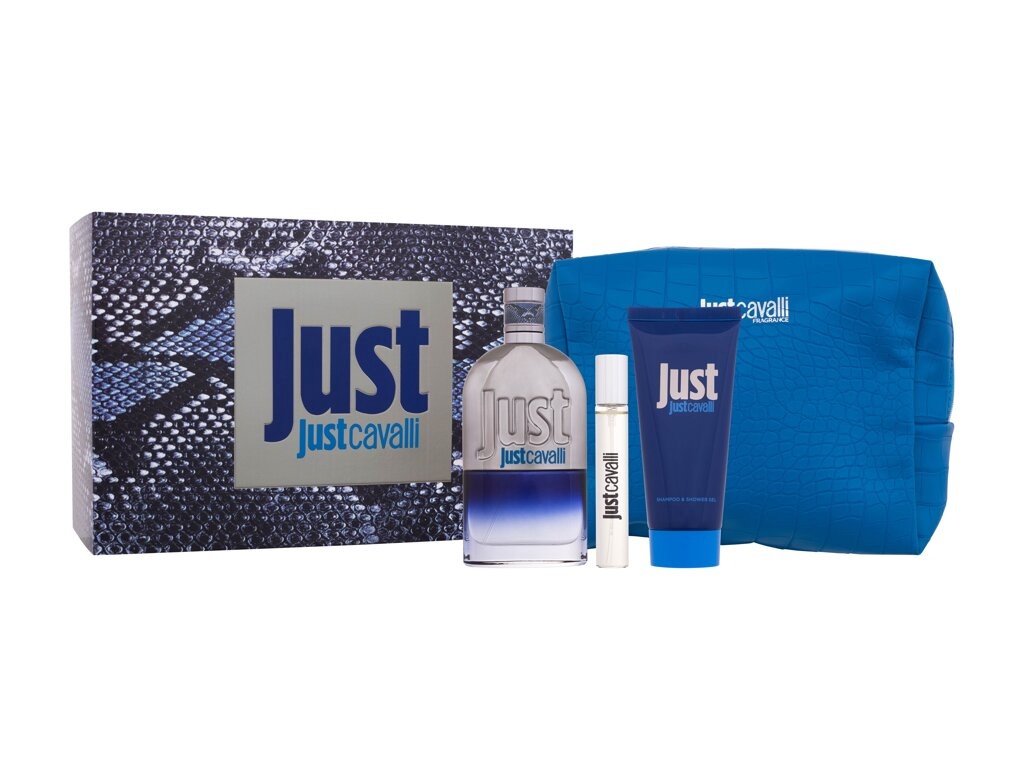 Roberto Cavalli komplekt Just Cavalli EDT 90ml + Shower Gel 100ml + EDT 15ml + Cosmetics bag, meestele