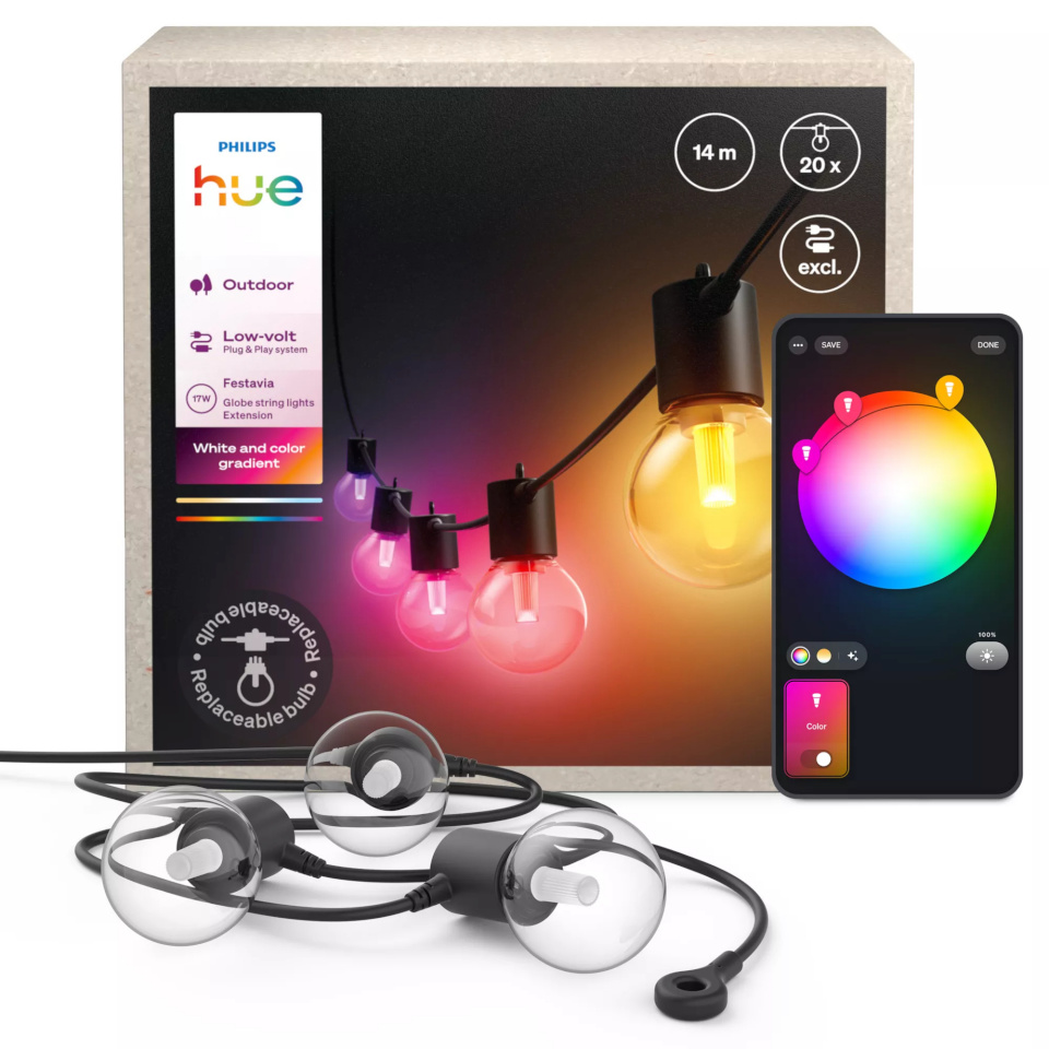 Philips Hue Hue Festavia Globe Outdoor String Lights, 14m Extension 30W