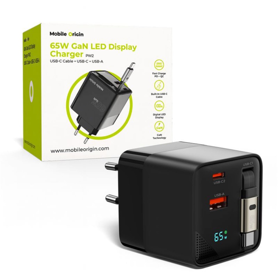Mobile Origin laadija 65W GaN Charger USB-C retra. cable + USB-A 75cm