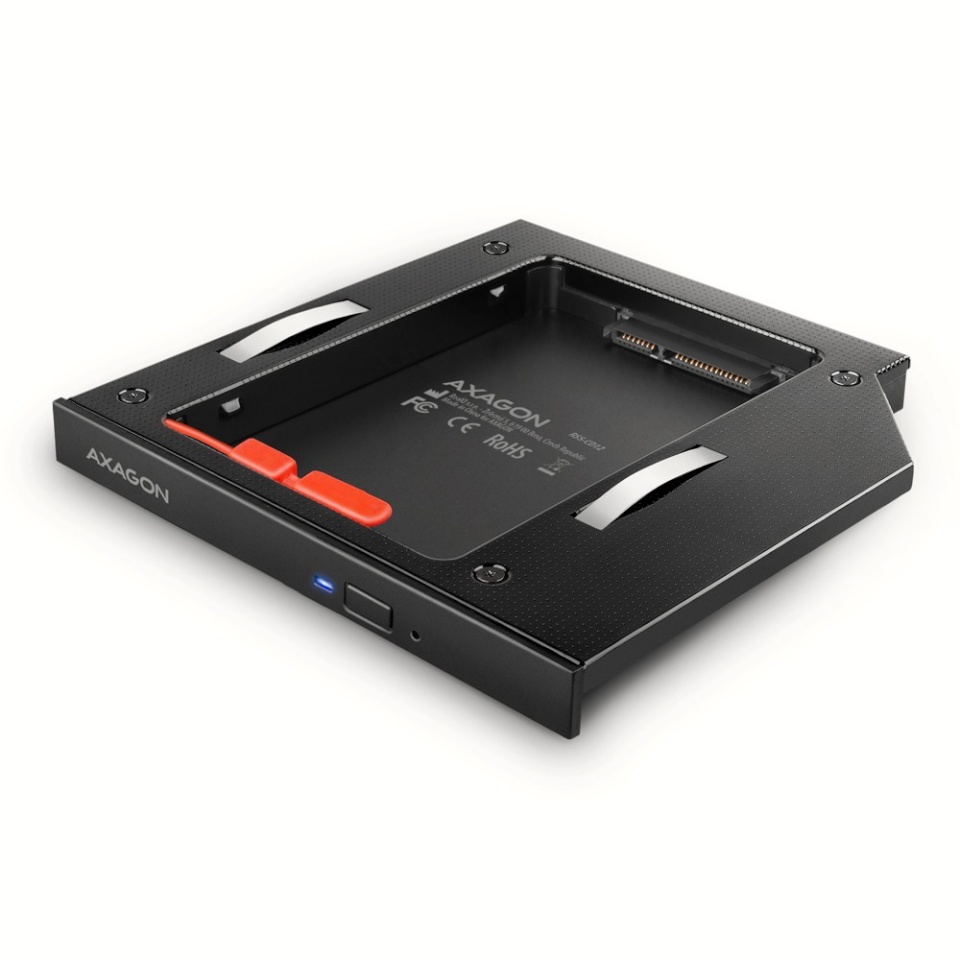 AXAGON kettaboks RSS-CD12 2.5" SSD/HDD caddy into DVD slot, 12.7 mm, LED, ALU