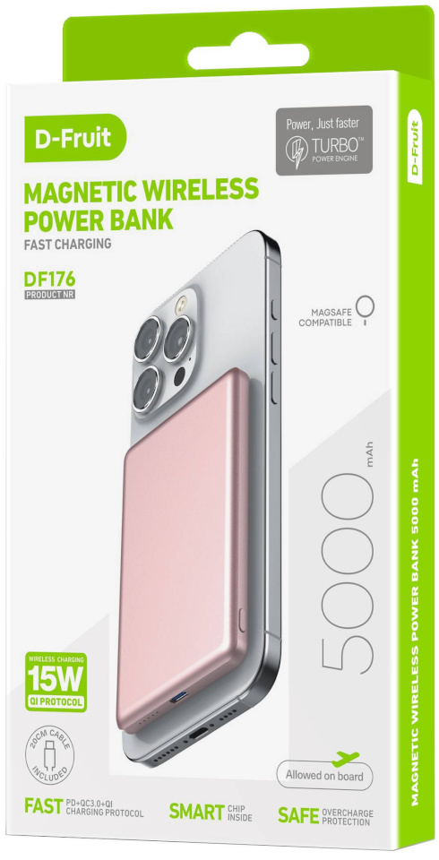 D-Fruit akupank 5000mAh Wireless DF176, roosa