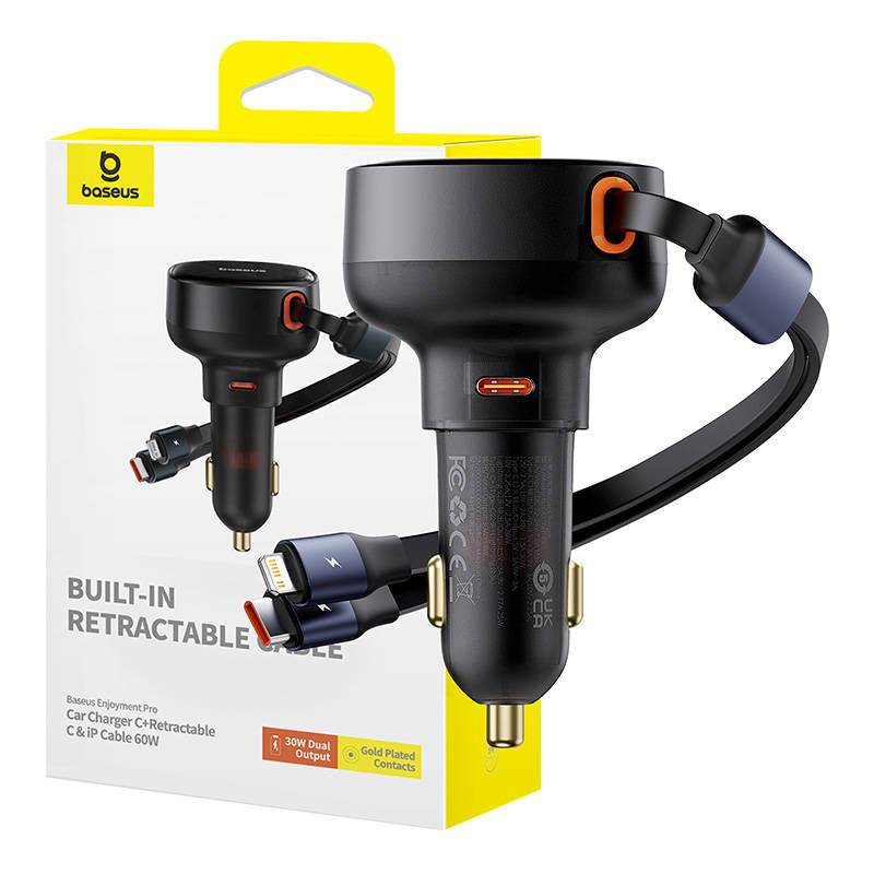 Baseus autolaadija Enjoyment USB-C with USB-C cable and Lightning 60W (must)