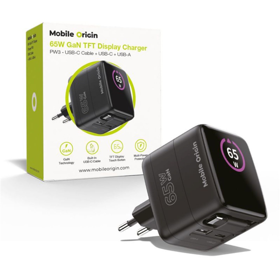 Mobile Origin laadija 65W GaN Charger PW3 USB-C ret. cable 65cm+USB-A