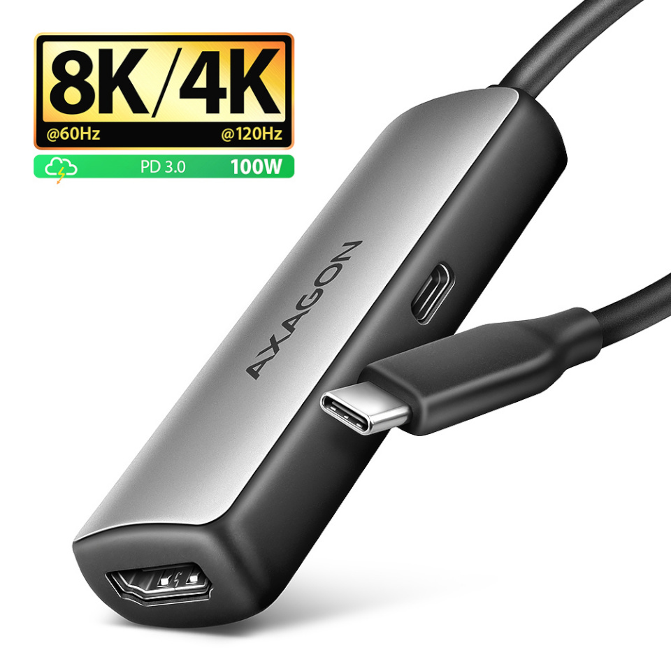 Axagon kaabel RVC-HI8KPD USB-C HDMI 8K adapter ALU PD 100W