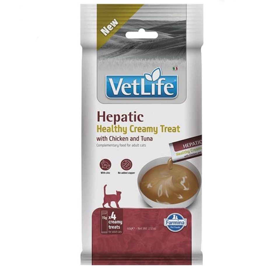 Farmina kassitoit Vet Life Cat Hepatic Creamy treat with Chicken & Tuna box – Cat treat – 4x15g