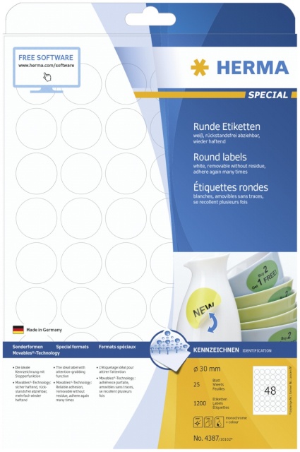 Herma etikett Round Labels 30mm valge 25 Sheets 1200tk 4387