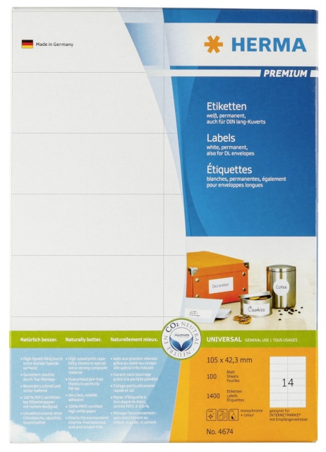 Herma etikett Premium labels 105x42,3 100 Sh. DIN A4 1400tk 4674