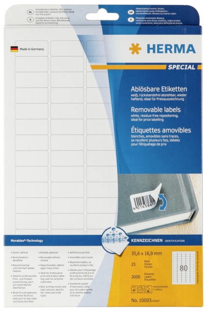 Herma etikett Labels valge 35,6x16,9mm 25 sheet 2000tk remov. 10003