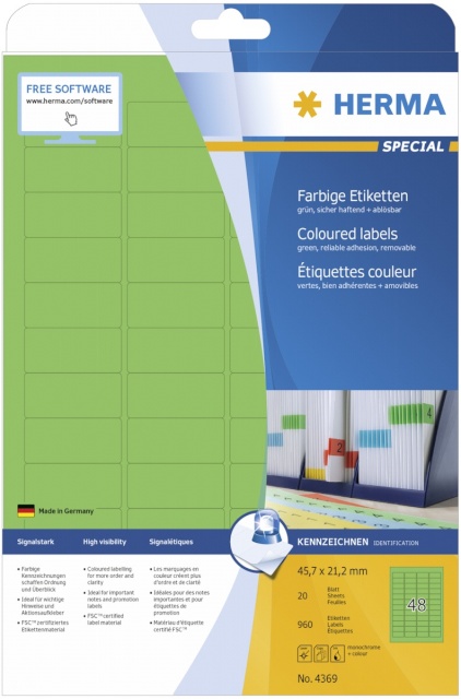 Herma etikett Labels roheline 45,7x21,2 20 Sheets DIN A4 960tk 4369