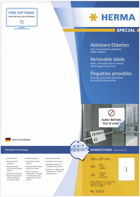 Herma etikett Removable Labels 210X297 100 sheets DIN A4 100tk 10315