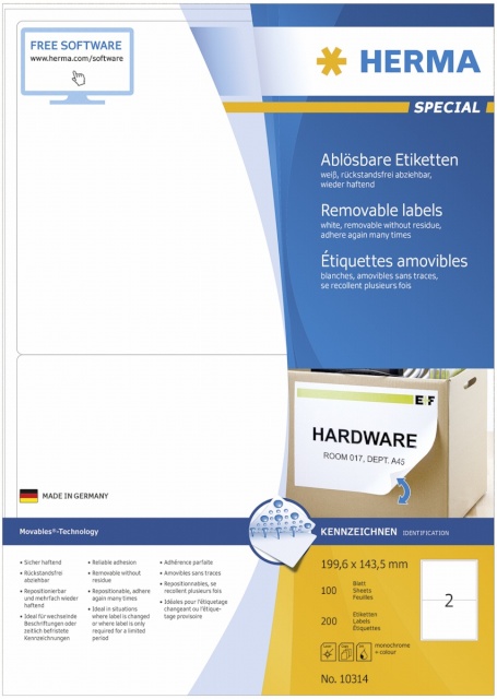 Herma etikett Removable Labels 10314 100 Sheets 200tk 199,6x143,5