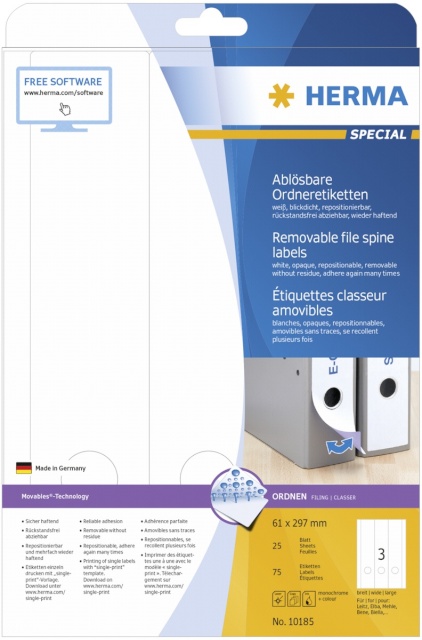 Herma etikett Removable File Spine Label 25 sheets 75tk 61x297 10185