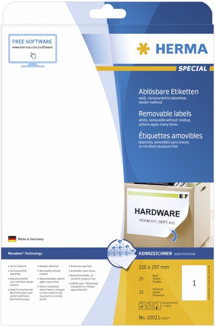 Herma etikett Removable Labels 210X297 25 Sheets DIN A4 25tk 10021