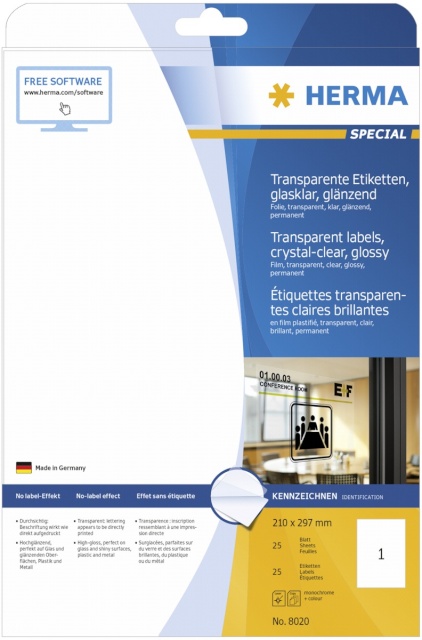 Herma etikett Transparent Labels 210x297 25 Sheets DIN A4 25tk 8020