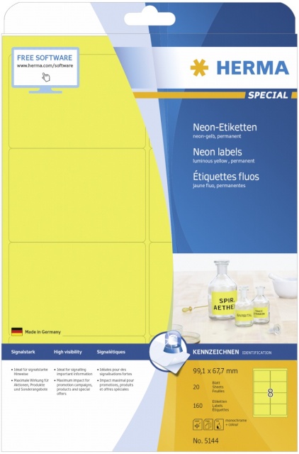 Herma etikett Neon Labels 99,1x67,7 20 Sheets kollane 160tk 5144