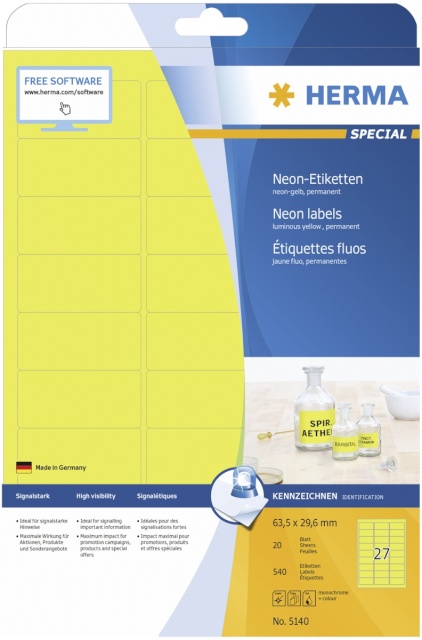 Herma etikett Neon Labels 63,5x29,6 20 Sheets kollane 540tk 5140