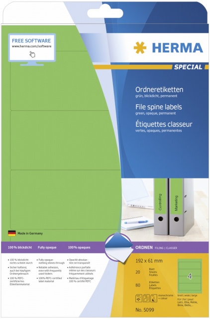 Herma etikett File Spine Labels 192x61 20 Sheets roheline 80tk 5099