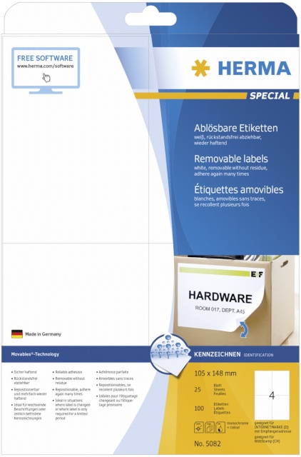 Herma etikett Removable Labels 105X148 25 Sheets DIN A4 100tk 5082
