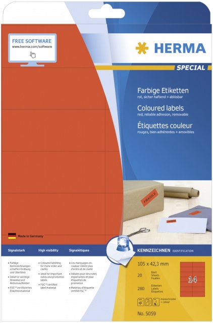 Herma etikett Labels punane 105x42,3 20 Sheets DIN A4 280tk 5059