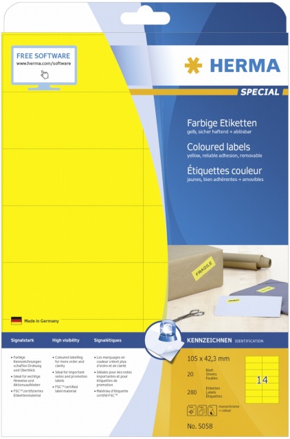 Herma etikett Labels kollane 105x42,3 20 Sheets DIN A4 280tk 5058