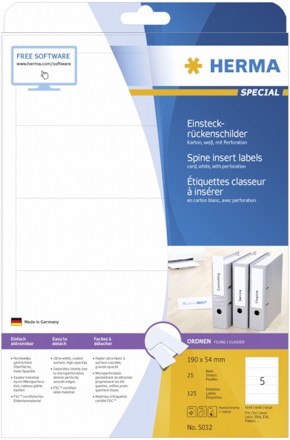 Herma etikett Spine Insert Labels 190x54 25 Sheets DIN A4 125tk 5032