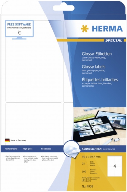 Herma etikett Glossy Labels 96X139,7 25 Sheets DIN A4 100tk 4908
