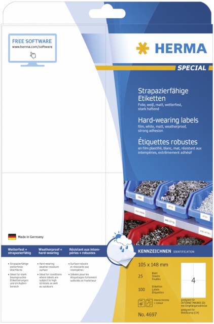 Herma etikett Hardwearing Labels 105x148 25 Sheets DIN A4 100tk 4697