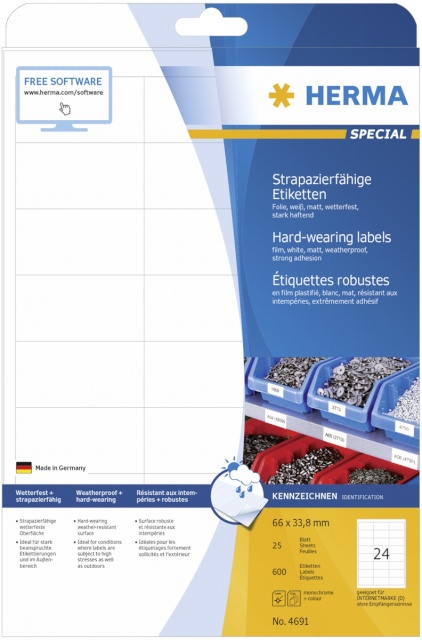 Herma etikett Hardwearing Labels 66X33,8 25 Sheets DIN A4 600tk 4691