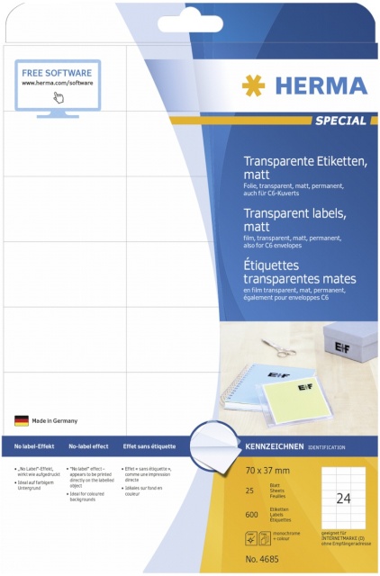 Herma etikett Transparent Labels Matt 25 Sheets 600tk 70x37 4685