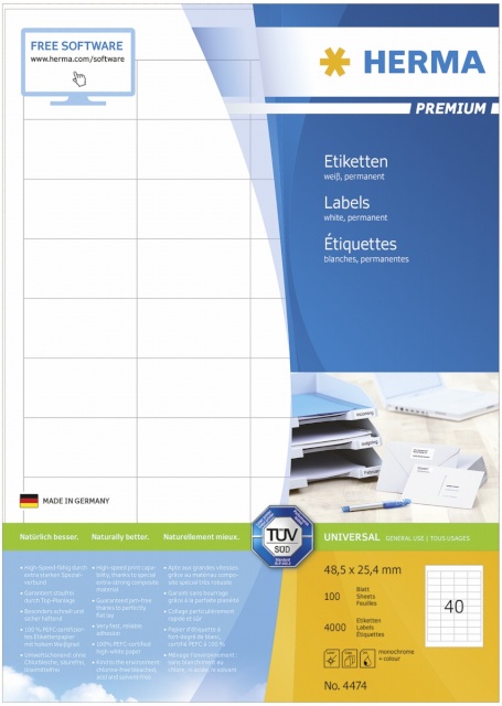 Herma etikett Premium Labels 48,5x25,4 100 Sheets DIN A4 4000tk 4474