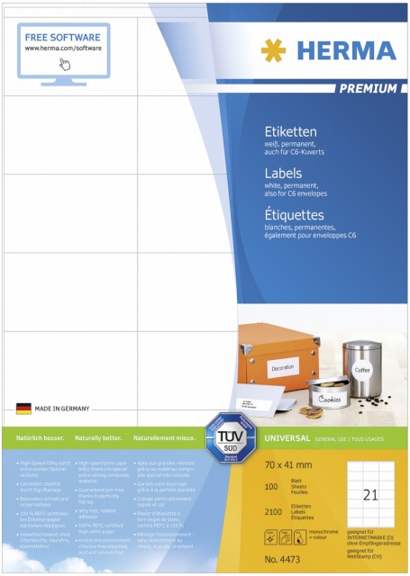 Herma etikett Premium Labels valge 70x41 100 Sheets DIN A4 2100tk 4473