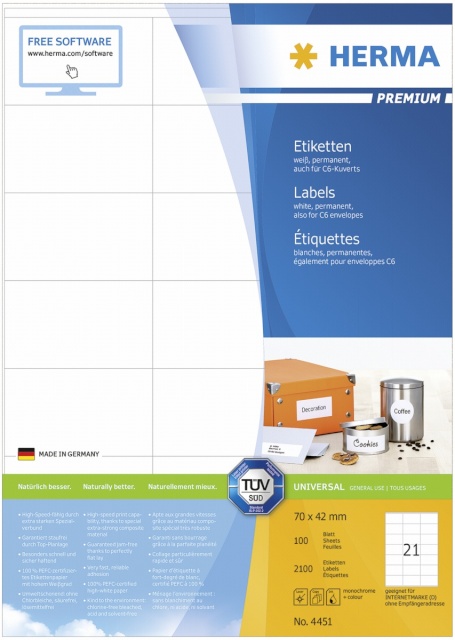 Herma etikett Premium Labels 70x42 100 Sheets DIN A4 2100tk 4451
