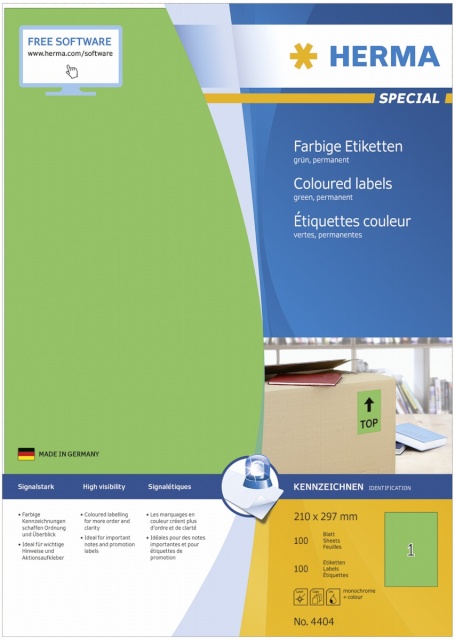 Herma etikett Coloured Labels roheline 4404 100 Sheets 100tk 210x297