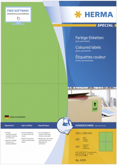Herma etikett Coloured Labels roheline 4399 100 Sheets 400tk 105X148